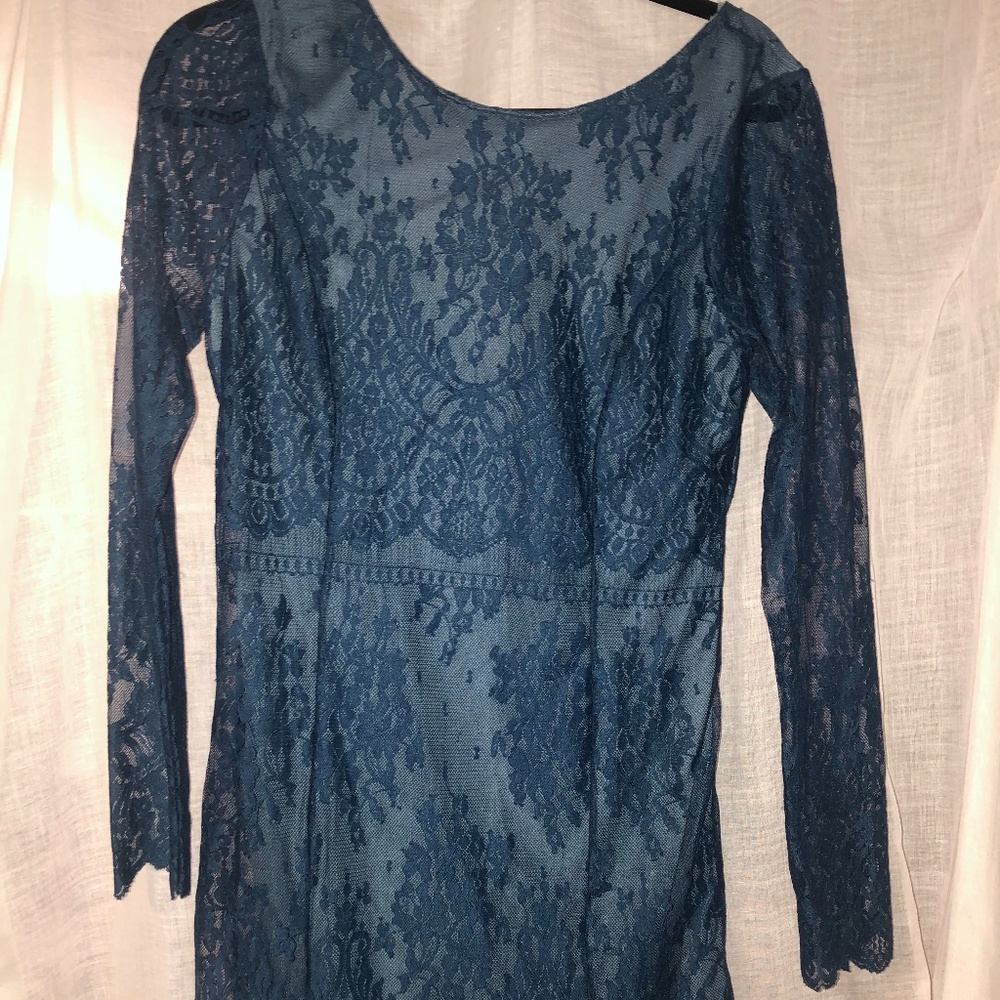 Free People Navy Blue Lace Long Sleeve Dress